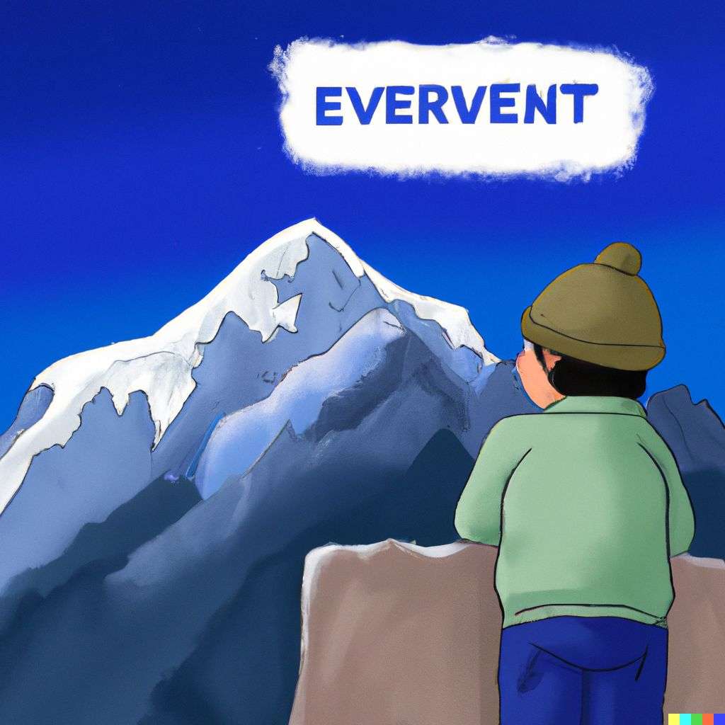 someone gazing at Mount Everest, children's book illustration